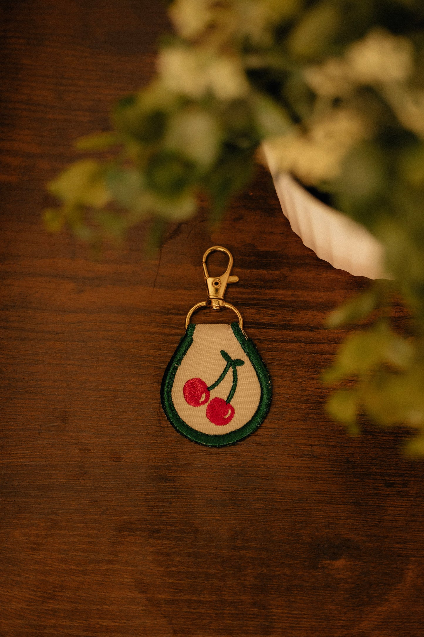 GREEN CHERRY EMBROIDERED PATCH KEYCHAIN