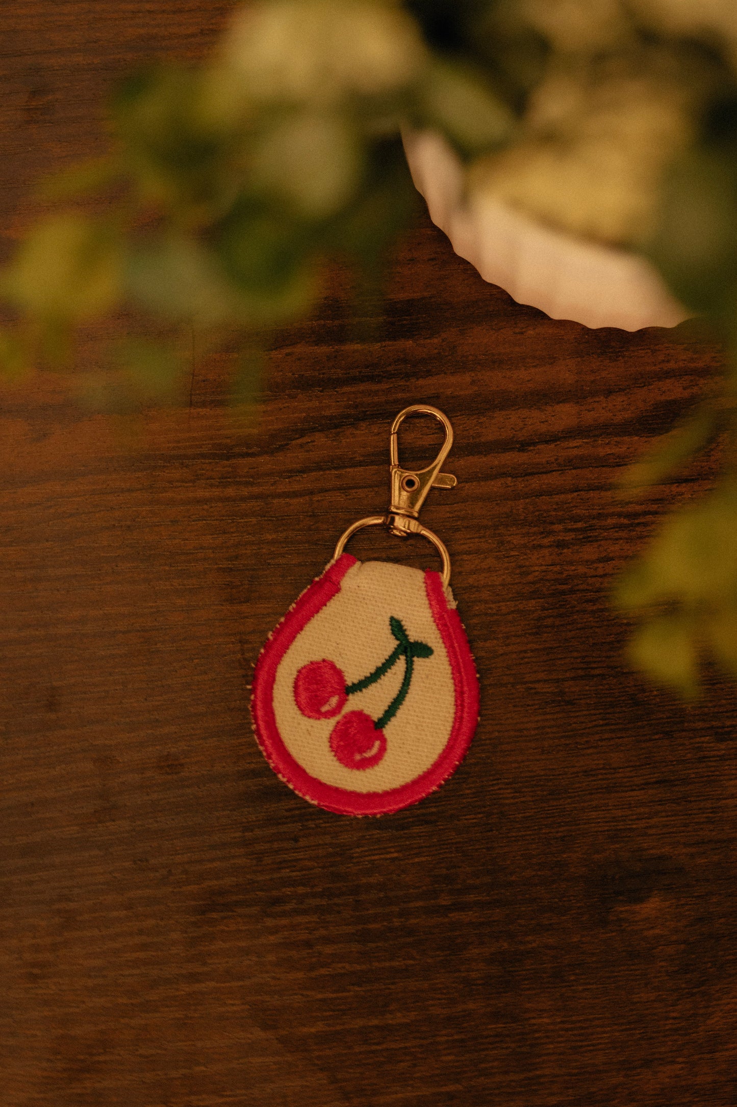 RED CHERRY EMBROIDERED PATCH KEYCHAIN