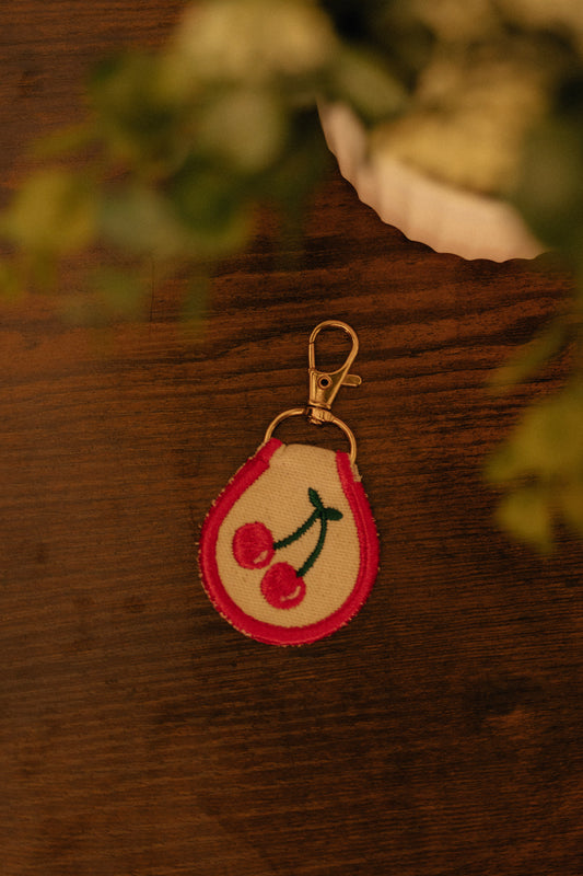 RED CHERRY EMBROIDERED PATCH KEYCHAIN