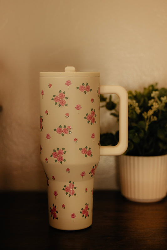 CREAMY FLORAL 40 OZ SPILL FREE STAINLESS STEEL TUMBLER